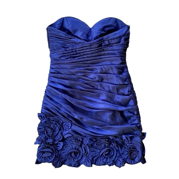 Davids Bridal Strapless Pleated Flower Bridesmaids Mini Dress Navy Blue Size 10 - Picture 2 of 7